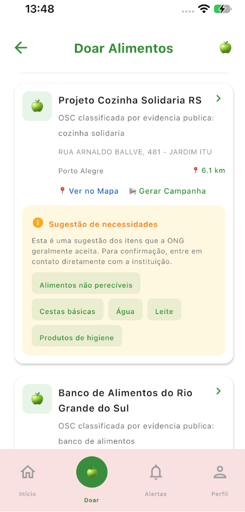 Tela do aplicativo Doar Alimentos exibindo lista de ONGs que recebem doações de alimentos
