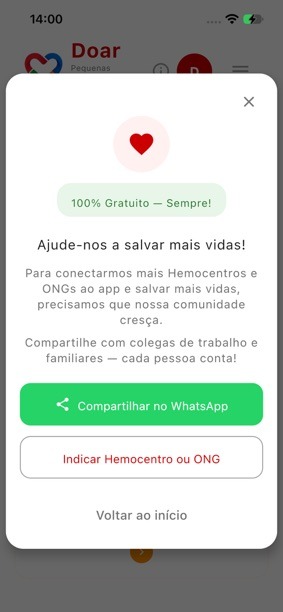 Tela do aplicativo Doar com o convite para compartilhar o app e indicar hemocentros e ONGs