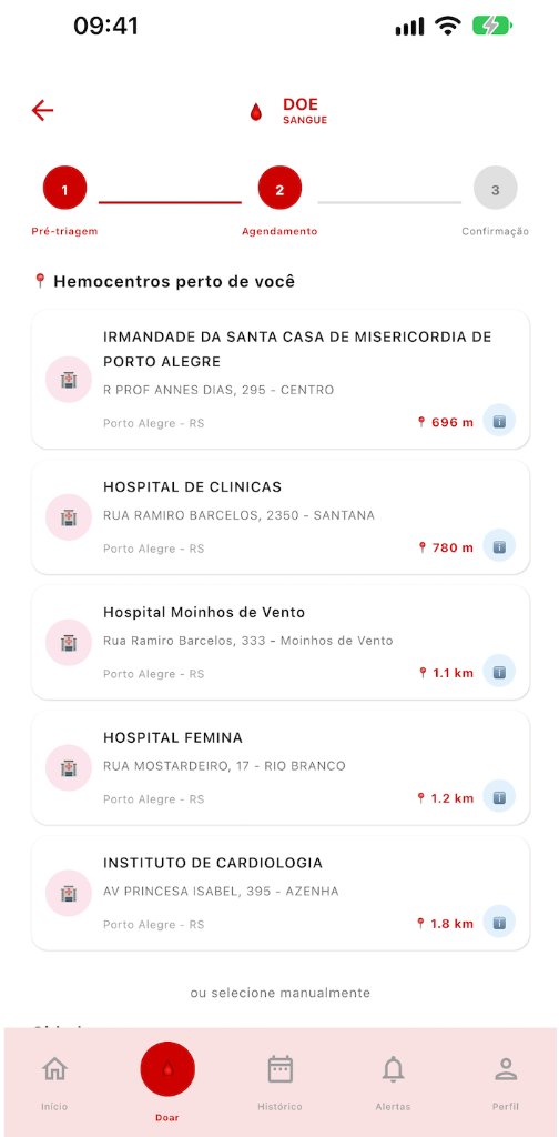 Tela do aplicativo Doar mostrando a lista de hemocentros próximos e status do estoque de sangue
